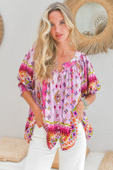 JAASE - Hope Blouse: Mandarin Collar Button Down with Balloon Sleeves in Lost Tribe Print