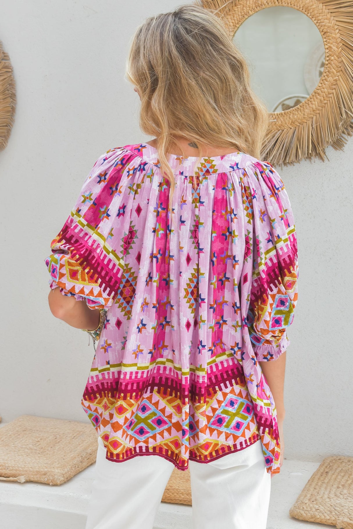 JAASE - Hope Blouse: Mandarin Collar Button Down with Balloon Sleeves in Lost Tribe Print