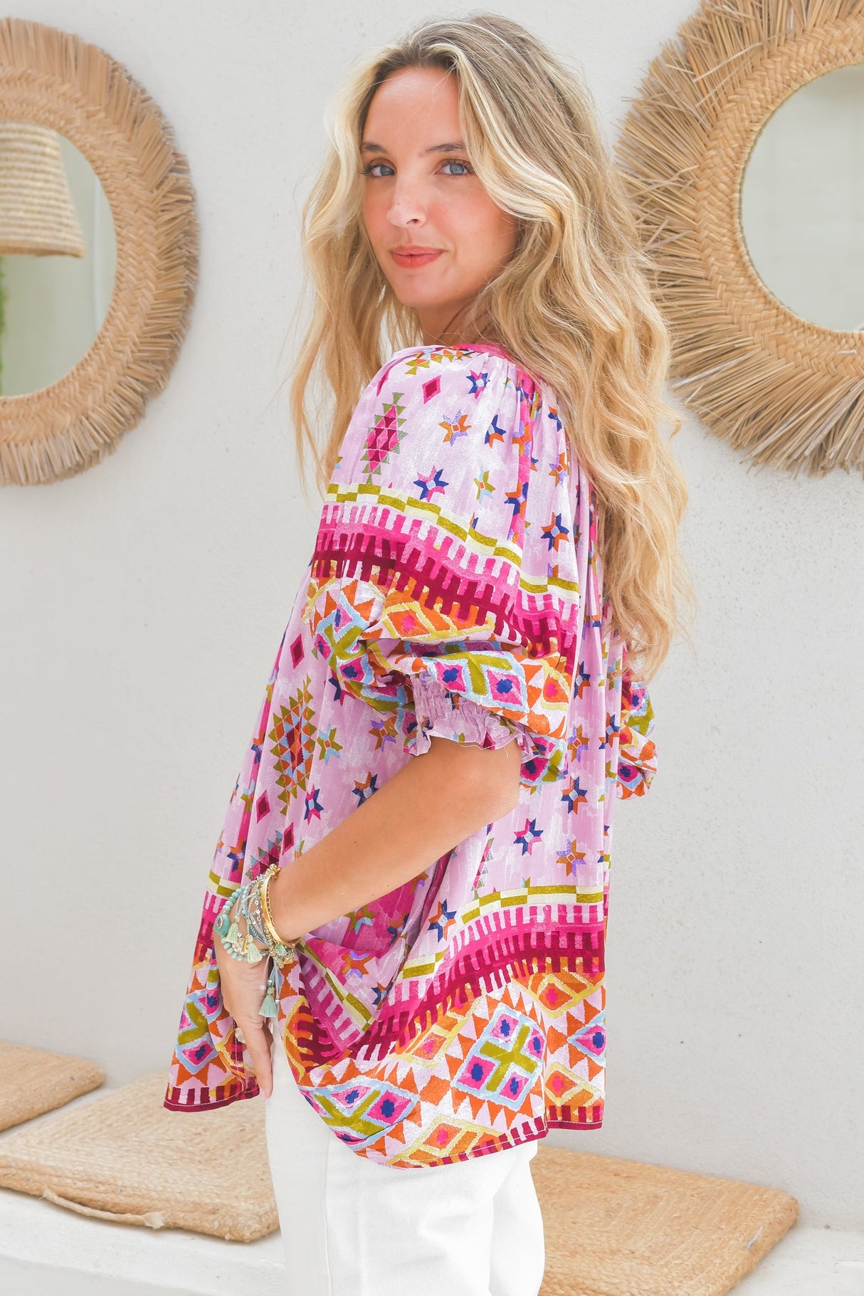 JAASE - Hope Blouse: Mandarin Collar Button Down with Balloon Sleeves in Lost Tribe Print