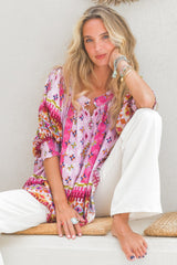 JAASE - Hope Blouse: Mandarin Collar Button Down with Balloon Sleeves in Lost Tribe Print