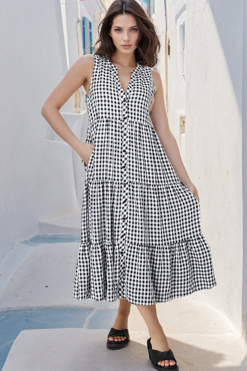 Acelle Midi Dress - Sleeveless Bermuda Collar Button Down Gingham Dress in Black