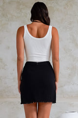 Huxa Mini Skirt - High Waisted Skirt with Raw Trim Hemline in Black