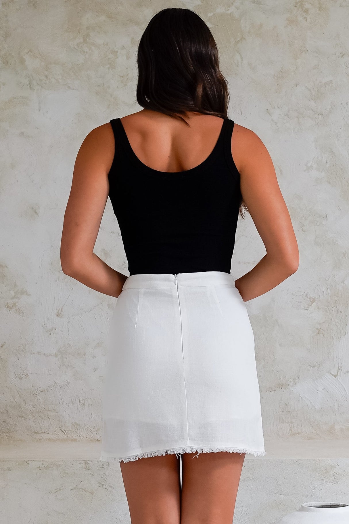 Huxa Mini Skirt - High Waisted Skirt with Raw Trim Hemline in White