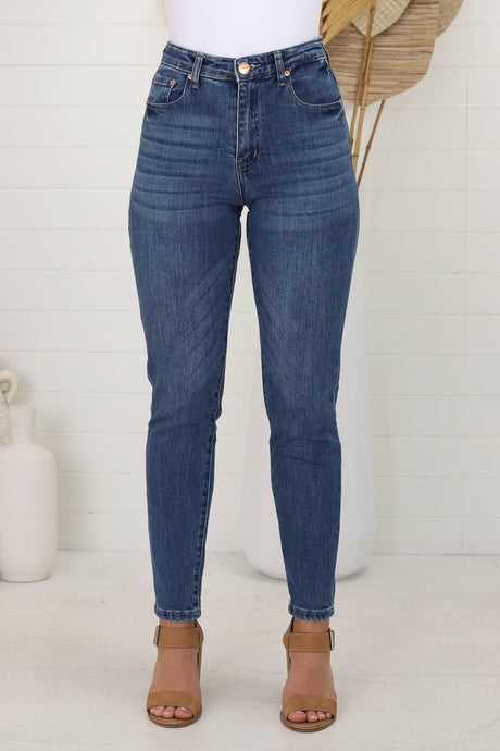 Huxley High Waisted Whiskers Skinny Leg Jeans in Dark Denim