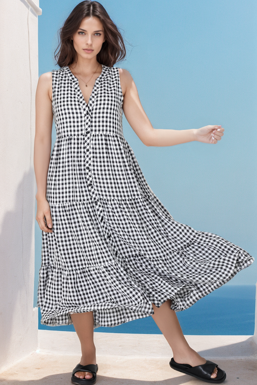 Acelle Midi Dress - Sleeveless Bermuda Collar Button Down Gingham Dress in Black