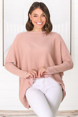 Belinda Knit Top - Boat Neckline Boxy Batwing Top in Blush