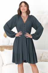 Iris Mini Dress - A Line Gathered Waist Button Down Dress in Charcoal