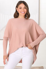 Belinda Knit Top - Boat Neckline Boxy Batwing Top in Blush