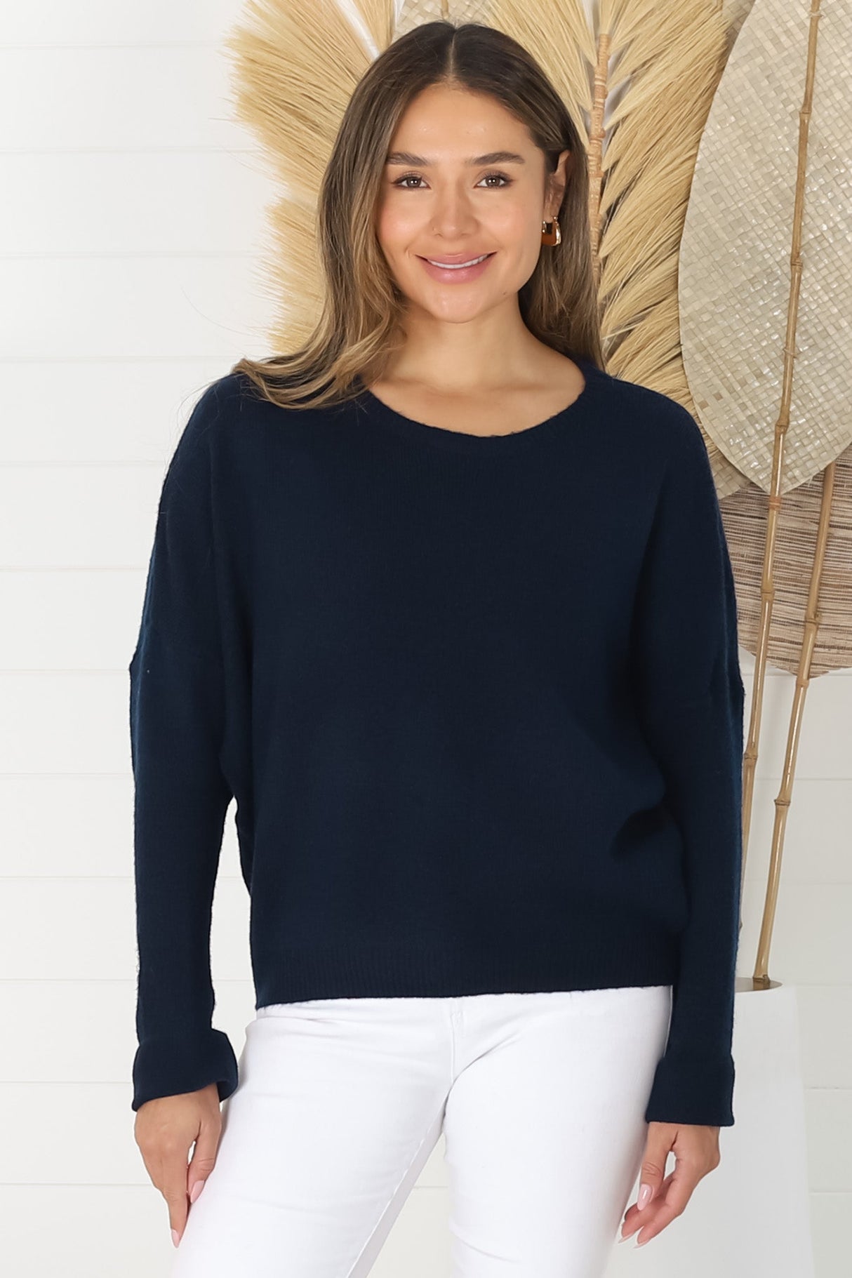 Joanne Knit Top - Crew Neckline Bat Wing Long Sleeve Top in Navy