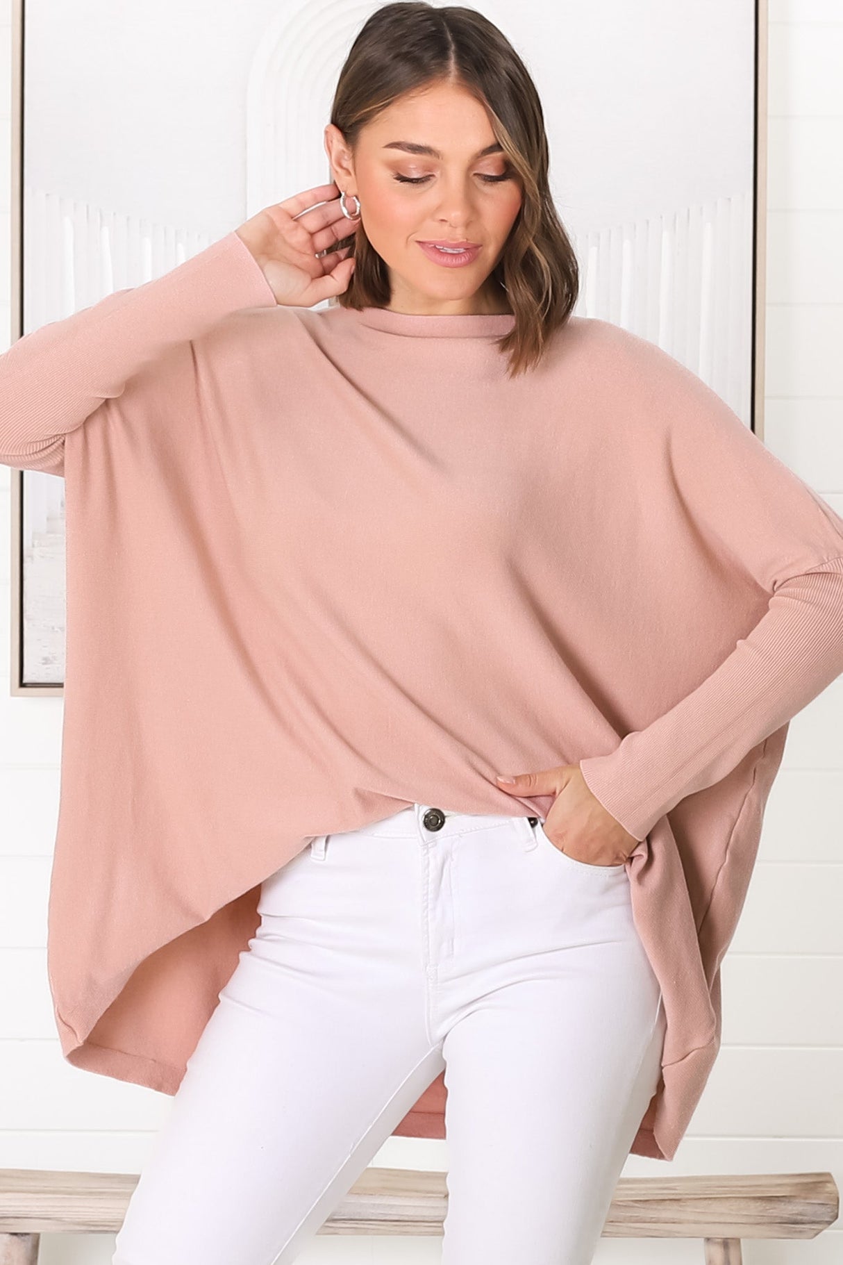 Belinda Knit Top - Boat Neckline Boxy Batwing Top in Blush