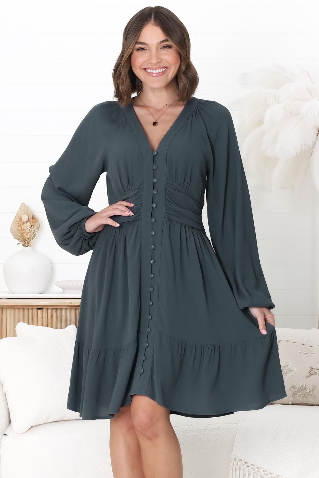 Iris Mini Dress - A Line Gathered Waist Button Down Dress in Charcoal