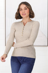 Emilia Knit Top - Gold Button Neckline Ribbed Top in Beige