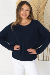 Joanne Knit Top - Crew Neckline Bat Wing Long Sleeve Top in Navy