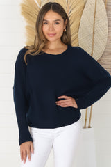 Joanne Knit Top - Crew Neckline Bat Wing Long Sleeve Top in Navy