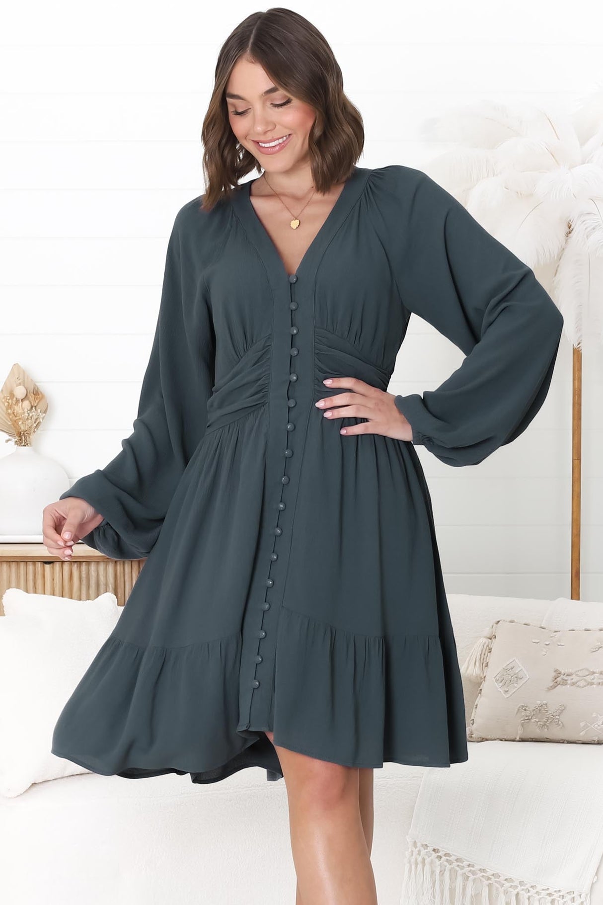 Iris Mini Dress - A Line Gathered Waist Button Down Dress in Charcoal