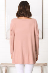 Belinda Knit Top - Boat Neckline Boxy Batwing Top in Blush