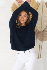 Joanne Knit Top - Crew Neckline Bat Wing Long Sleeve Top in Navy