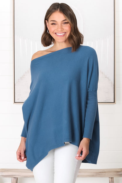 Belinda Knit Top - Boat Neckline Boxy Batwing Top in Navy