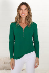 Cecile Top - Zipper Detail V Neck Top in Emerald