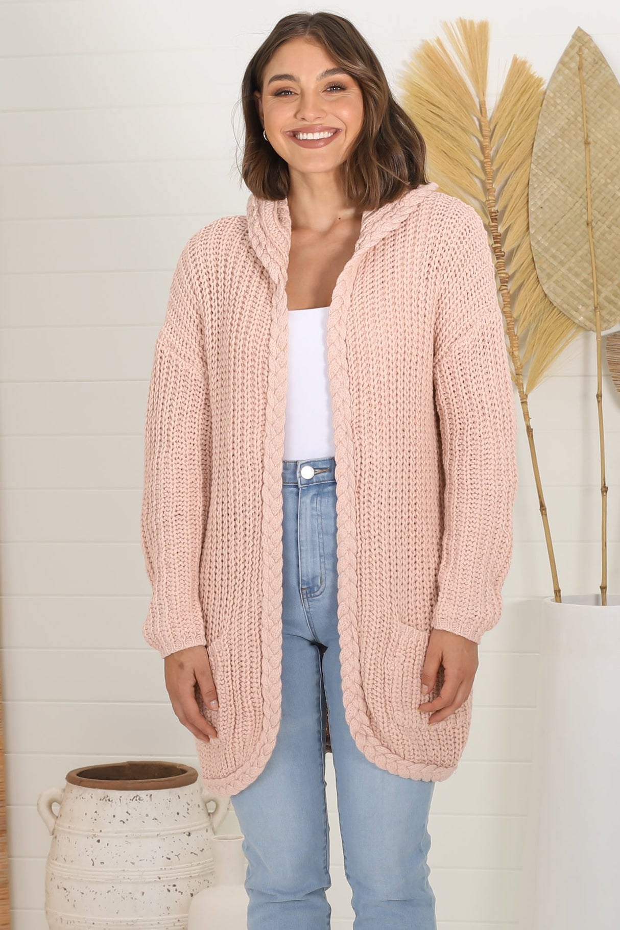 Chase Cardigan - Cable Knit Hooded Cardigan in Pink