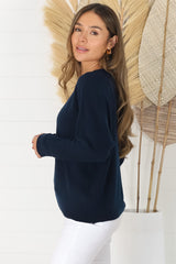 Joanne Knit Top - Crew Neckline Bat Wing Long Sleeve Top in Navy