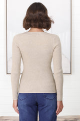 Emilia Knit Top - Gold Button Neckline Ribbed Top in Beige