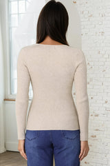 Emilia Knit Top - Gold Button Neckline Ribbed Top in Beige