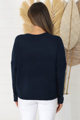 Joanne Knit Top - Crew Neckline Bat Wing Long Sleeve Top in Navy