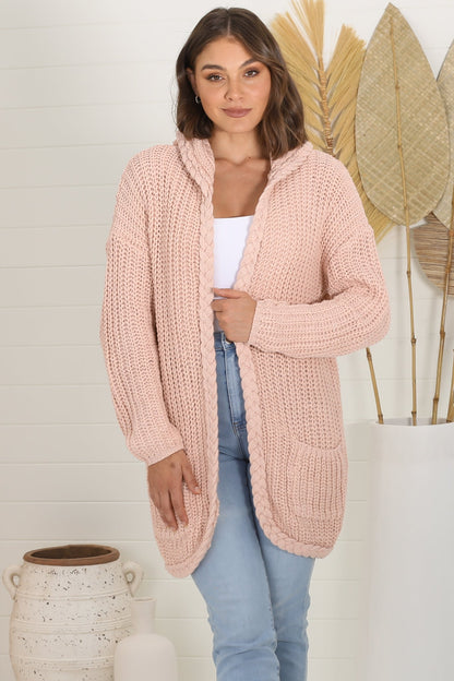 Chase Cardigan - Cable Knit Hooded Cardigan in Pink