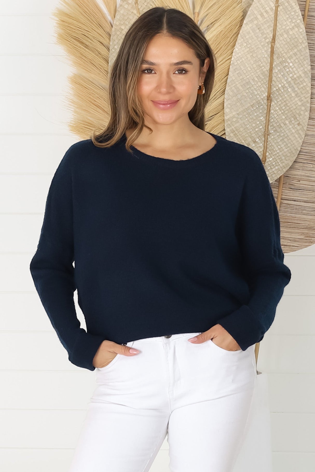 Joanne Knit Top - Crew Neckline Bat Wing Long Sleeve Top in Navy