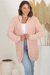 Chase Cardigan - Cable Knit Hooded Cardigan in Pink