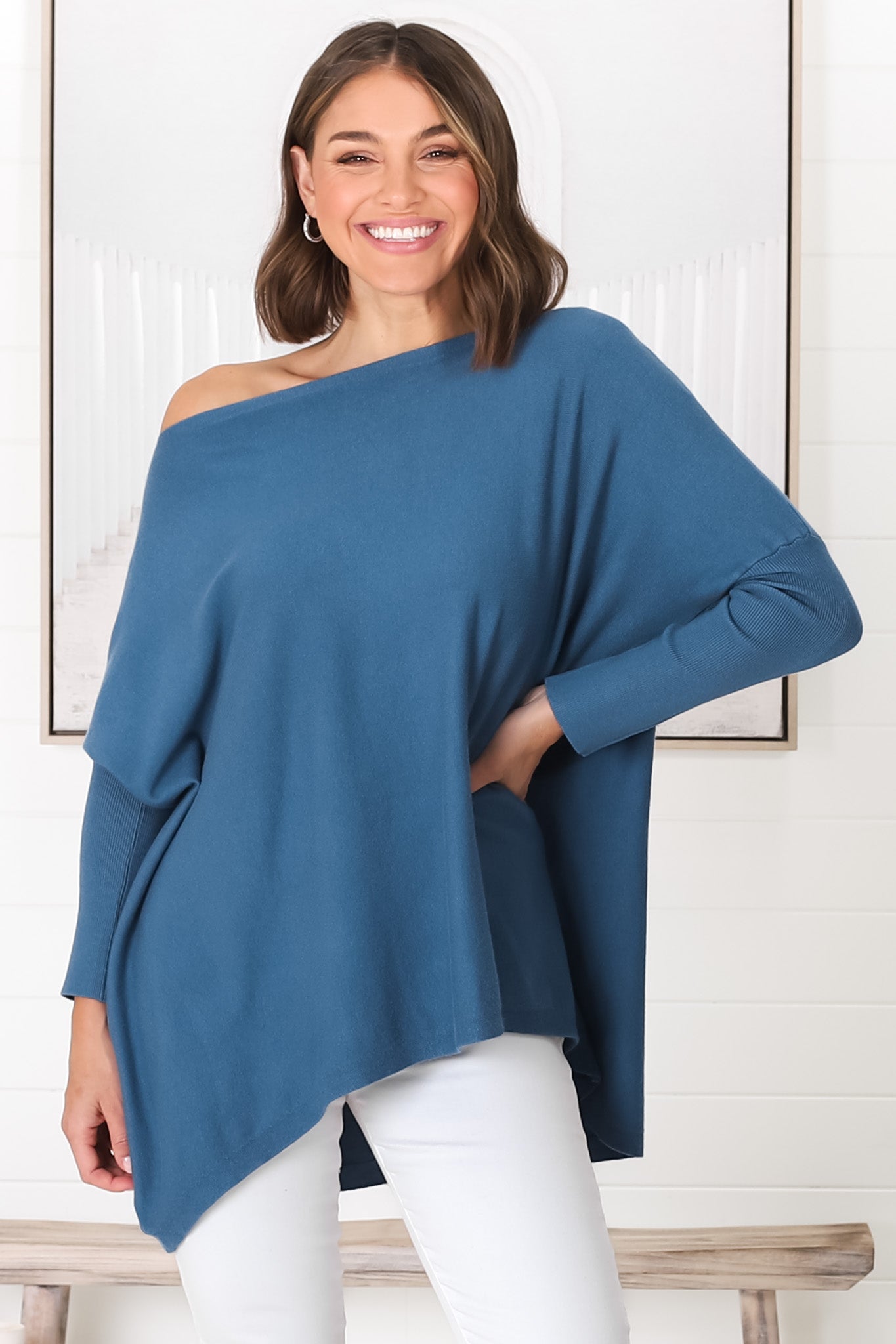 Belinda Knit Top - Boat Neckline Boxy Batwing Top in Navy