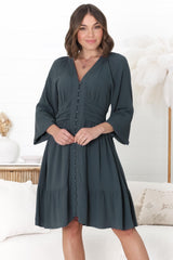 Iris Mini Dress - A Line Gathered Waist Button Down Dress in Charcoal