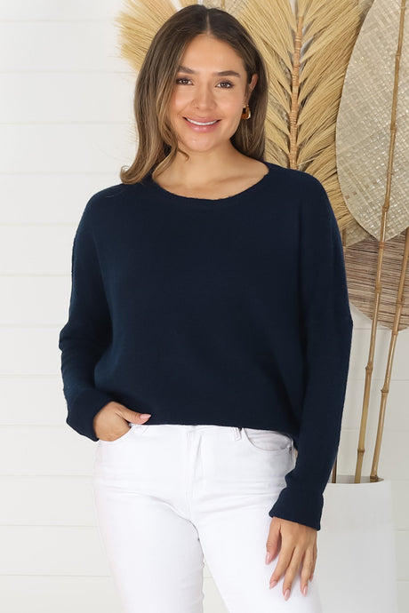 Joanne Knit Top - Crew Neckline Bat Wing Long Sleeve Top in Navy