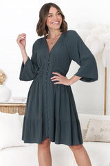 Iris Mini Dress - A Line Gathered Waist Button Down Dress in Charcoal