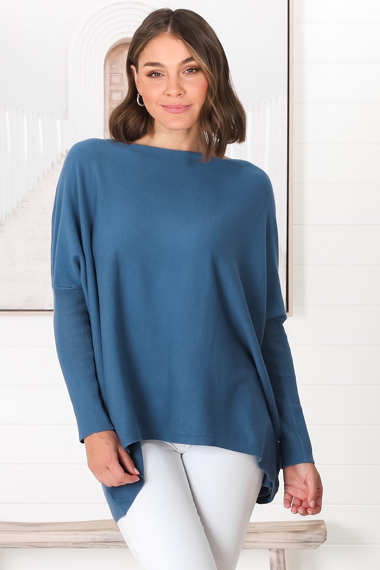 Belinda Knit Top - Boat Neckline Boxy Batwing Top in Navy