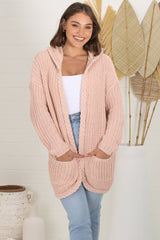 Chase Cardigan - Cable Knit Hooded Cardigan in Pink