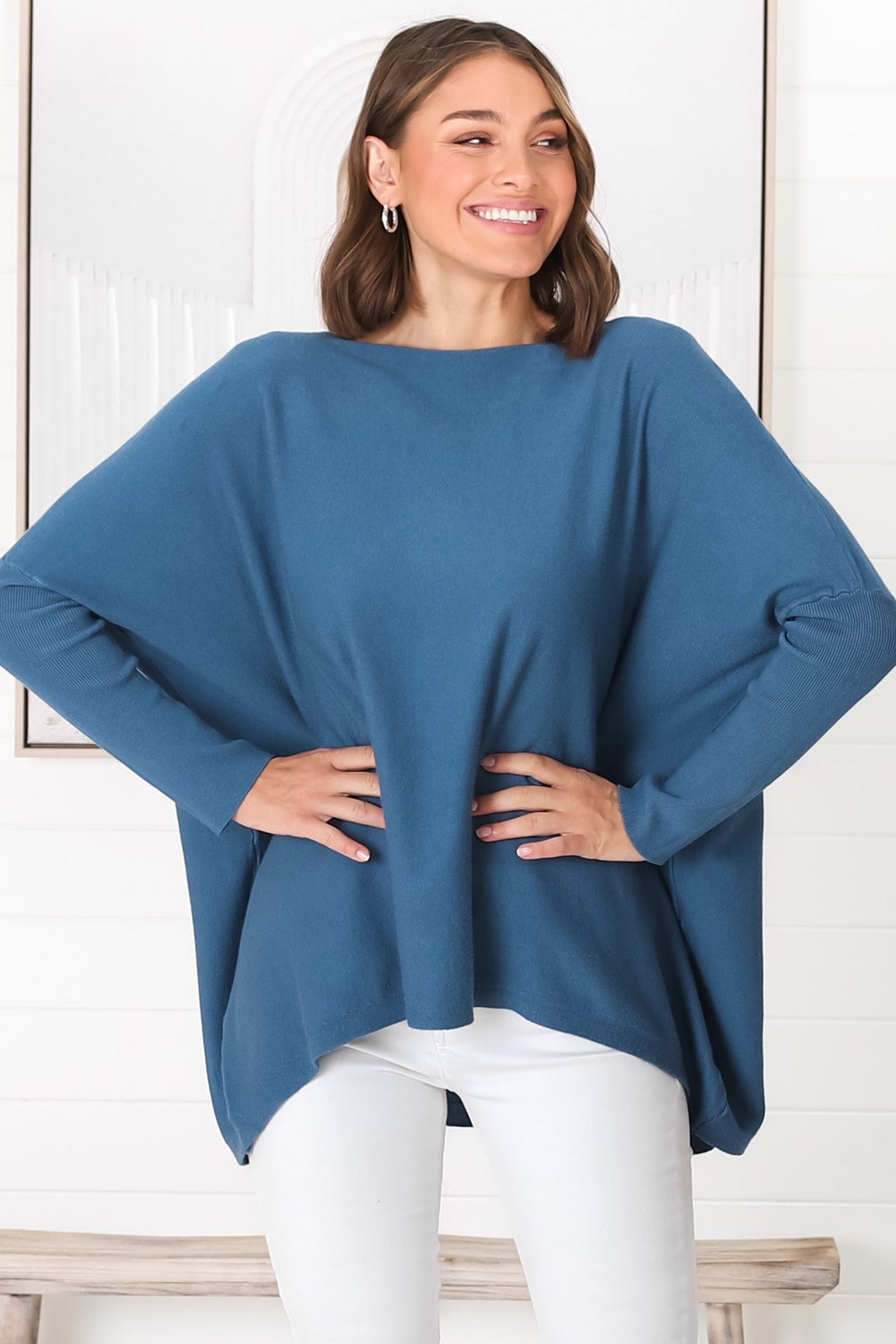 Belinda Knit Top - Boat Neckline Boxy Batwing Top in Navy