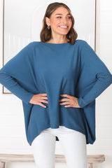 Belinda Knit Top - Boat Neckline Boxy Batwing Top in Navy