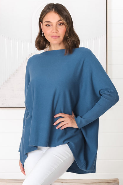 Belinda Knit Top - Boat Neckline Boxy Batwing Top in Navy