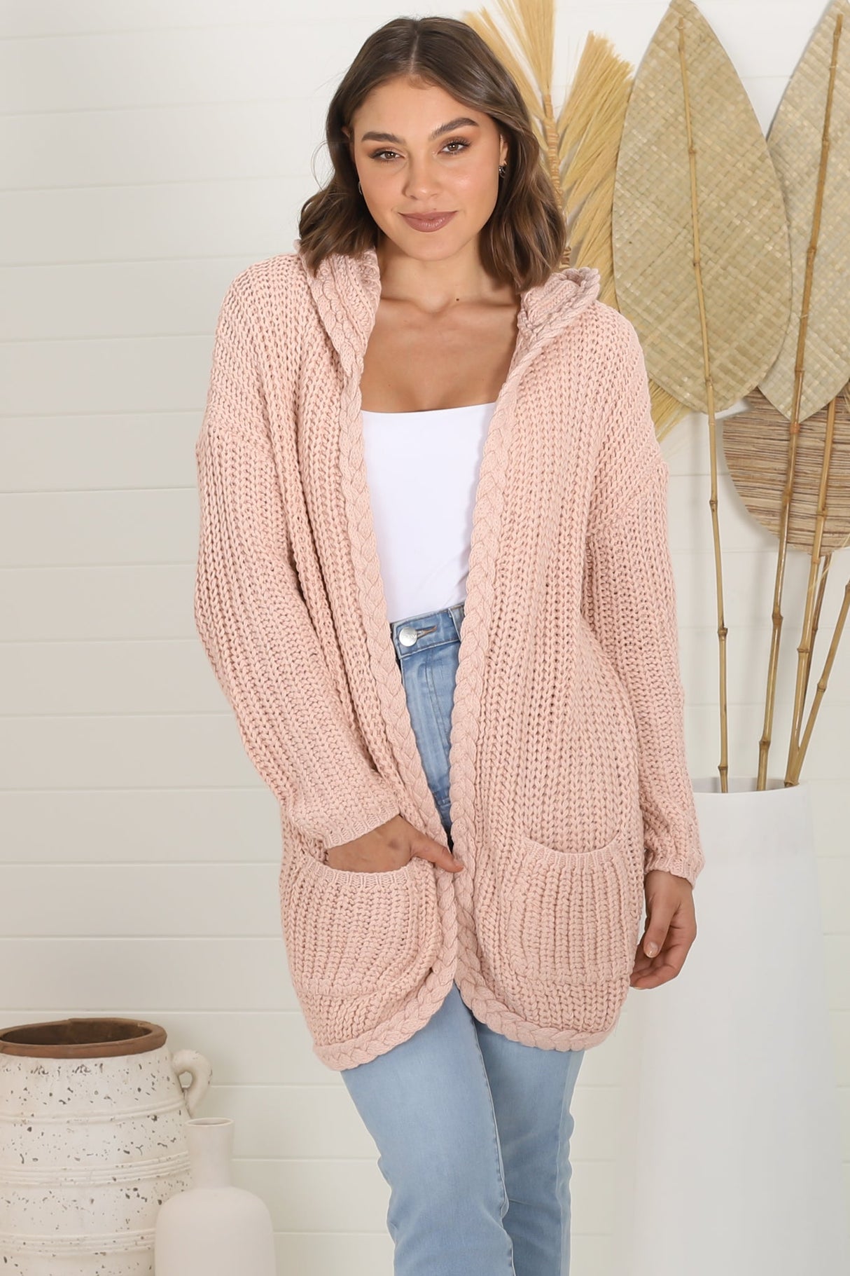 Chase Cardigan - Cable Knit Hooded Cardigan in Pink