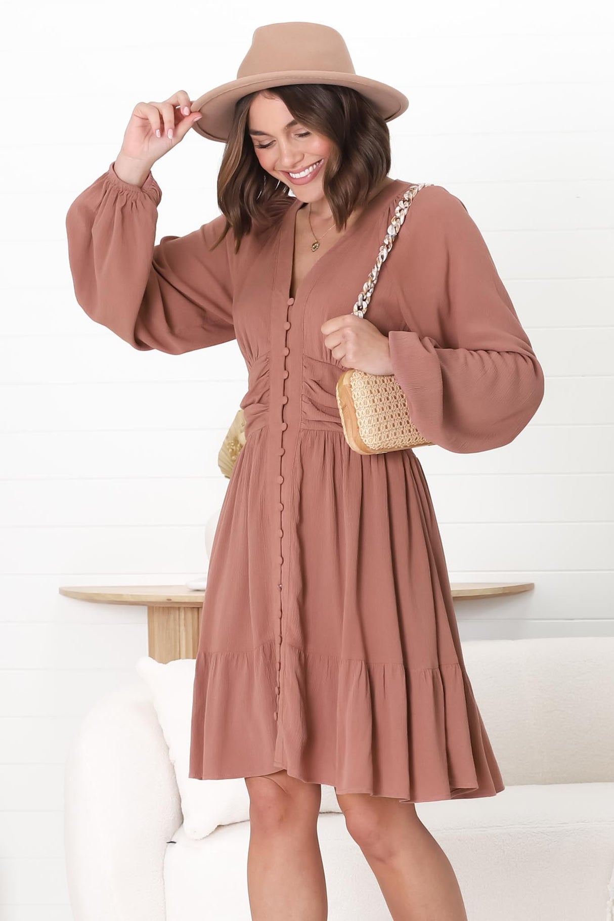 Iris Mini Dress - A Line Gathered Waist Button Down Dress in Dark Blush