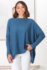 Belinda Knit Top - Boat Neckline Boxy Batwing Top in Navy