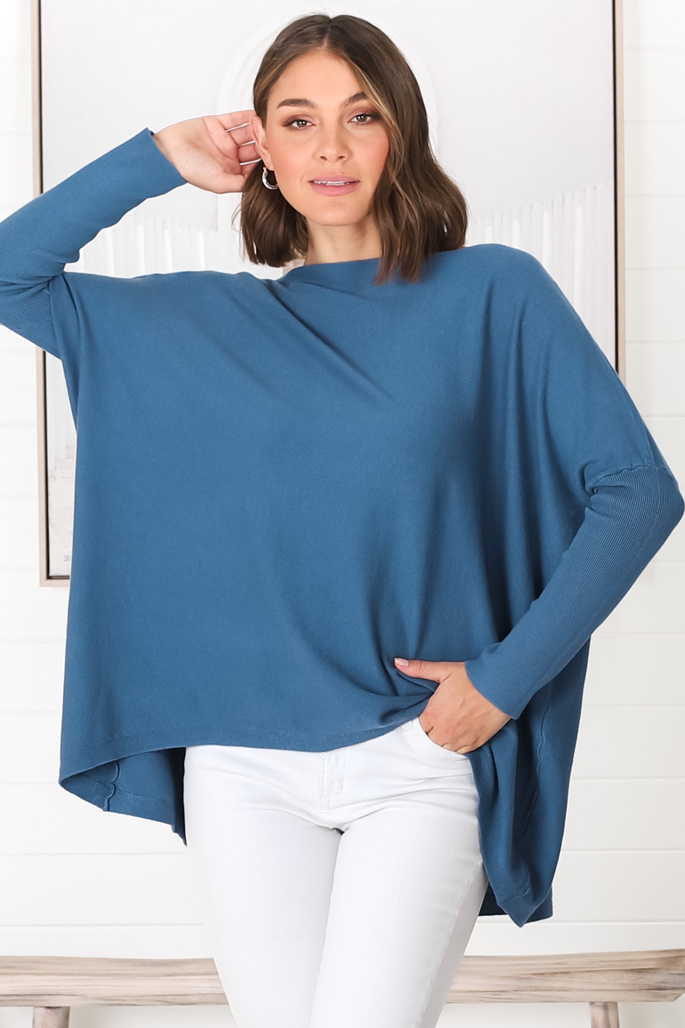 Belinda Knit Top - Boat Neckline Boxy Batwing Top in Navy