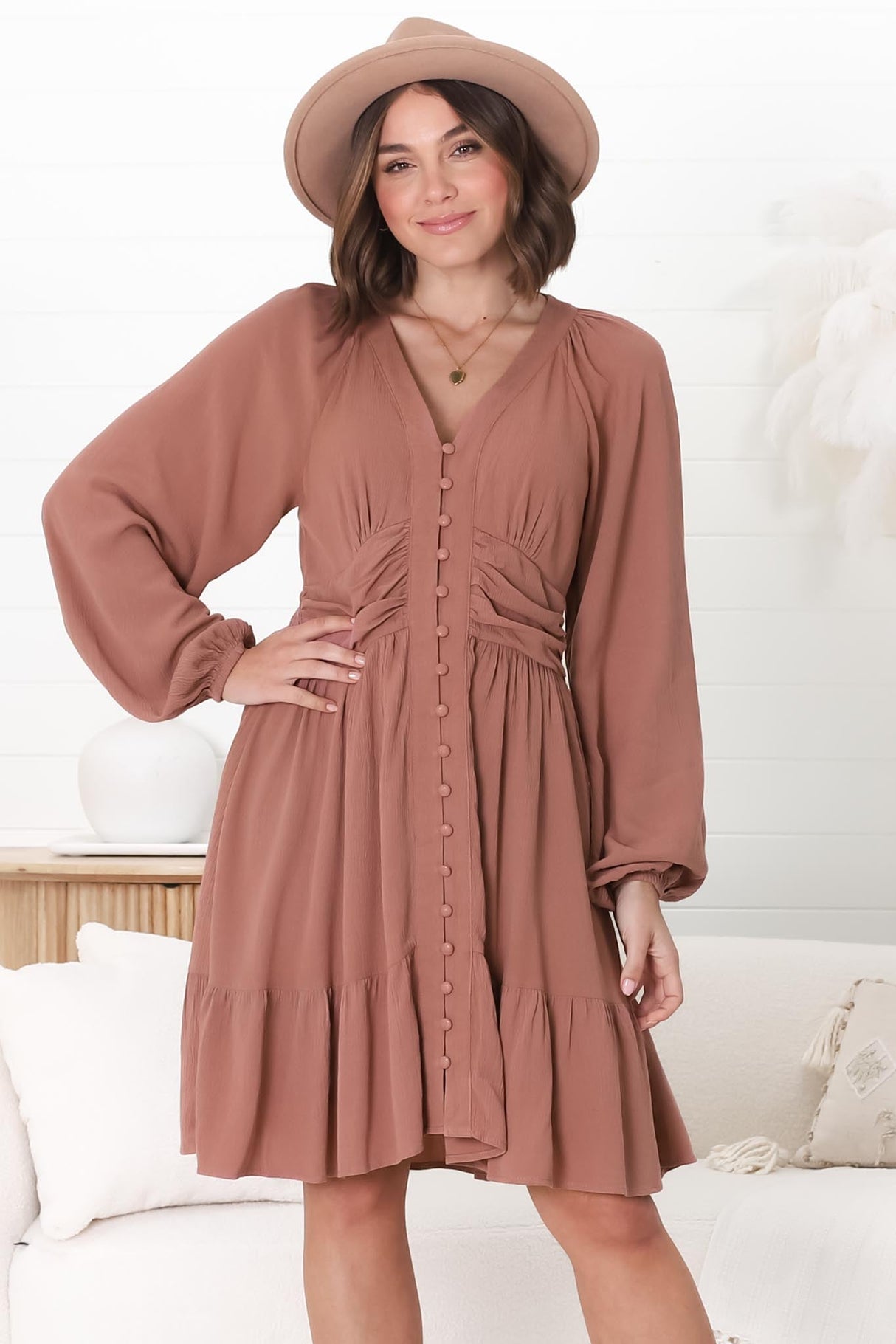 Iris Mini Dress - A Line Gathered Waist Button Down Dress in Dark Blush