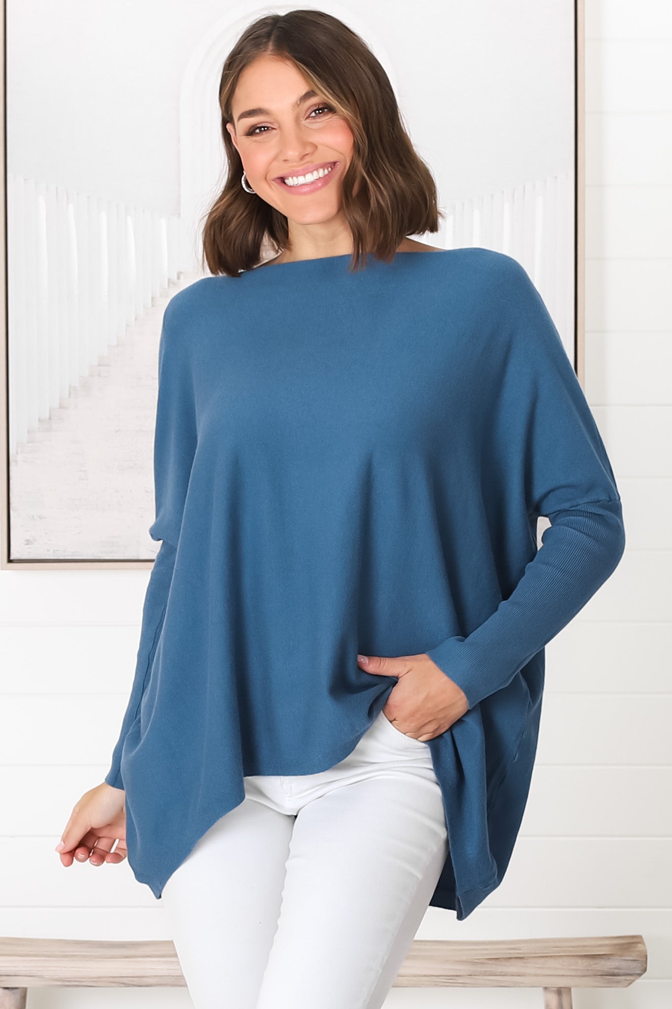 Belinda Knit Top - Boat Neckline Boxy Batwing Top in Navy