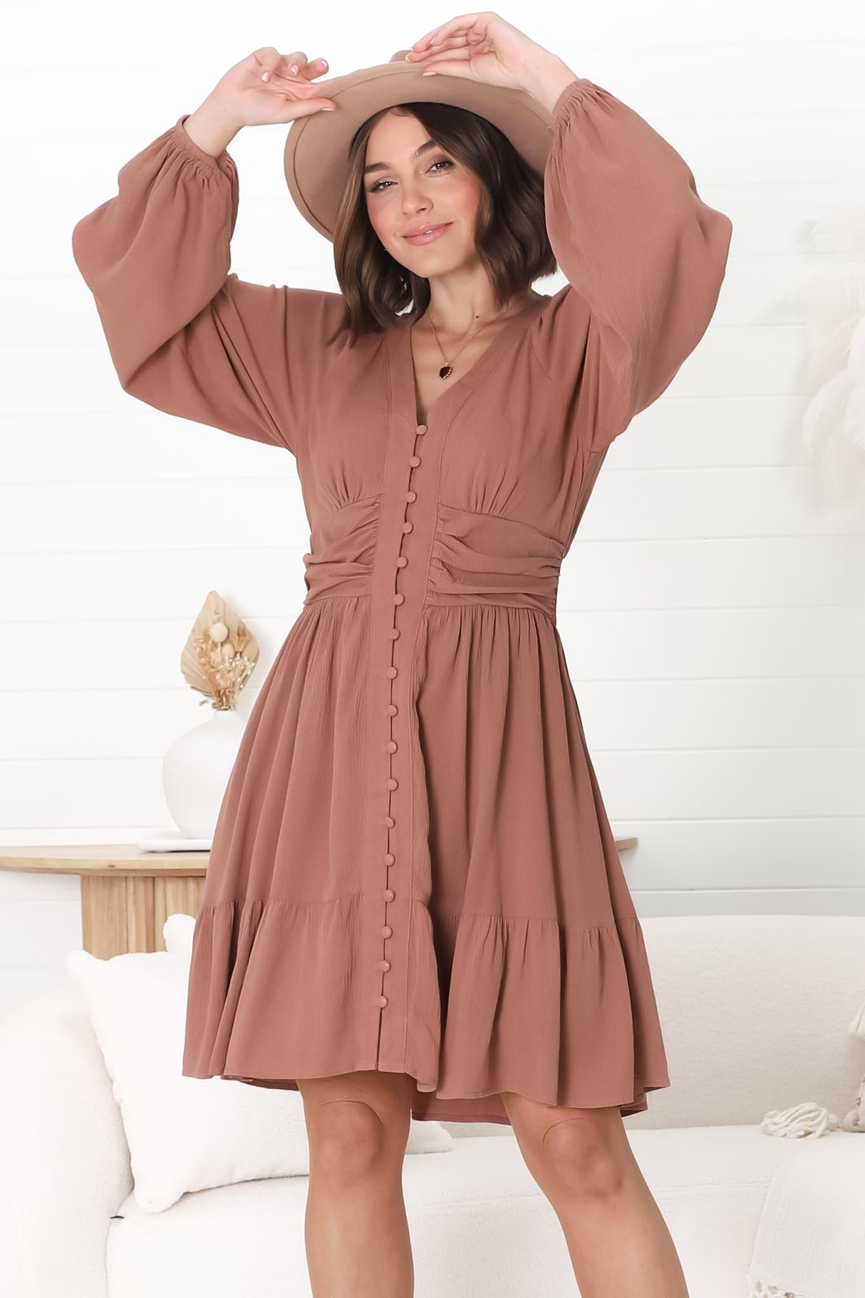 Iris Mini Dress - A Line Gathered Waist Button Down Dress in Dark Blush