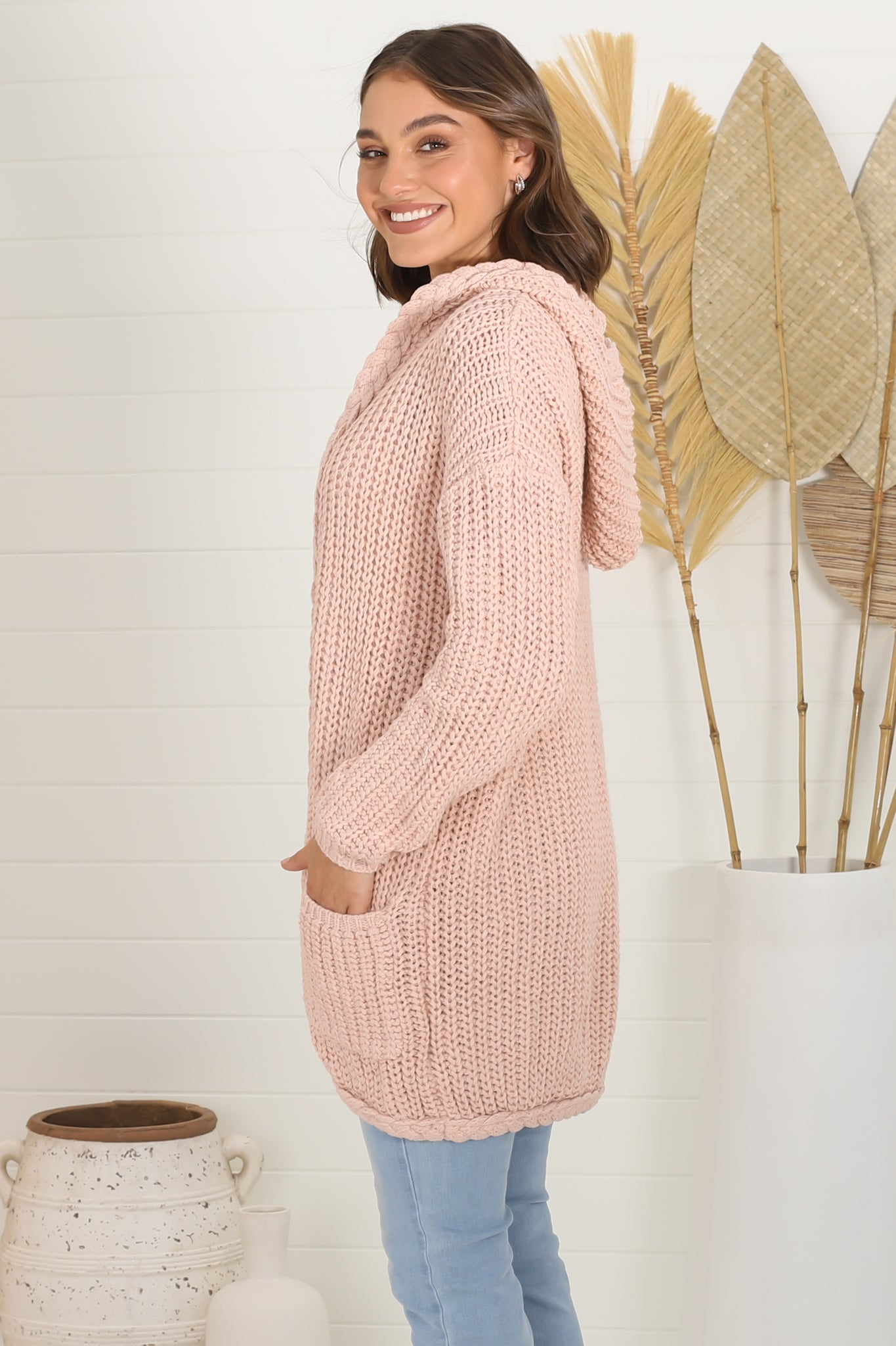 Chase Cardigan - Cable Knit Hooded Cardigan in Pink