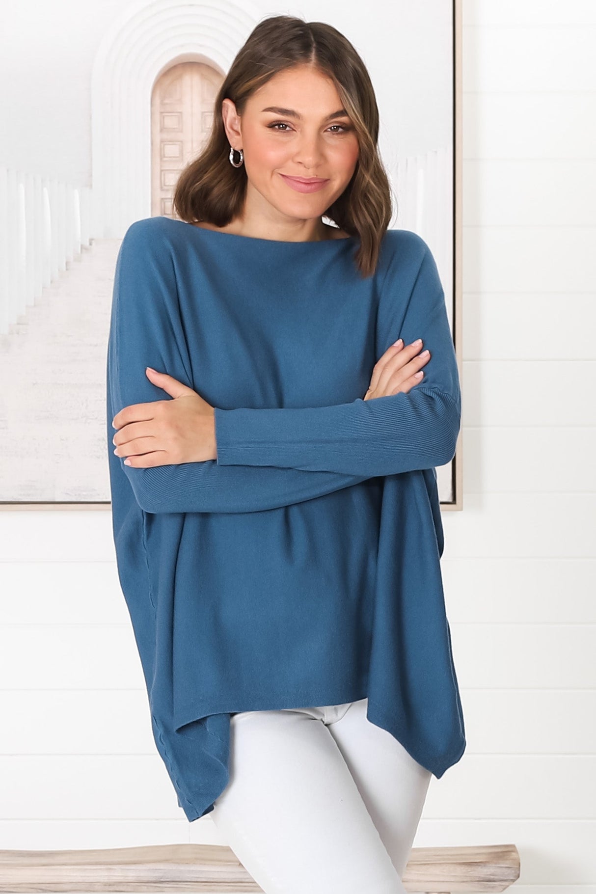 Belinda Knit Top - Boat Neckline Boxy Batwing Top in Navy