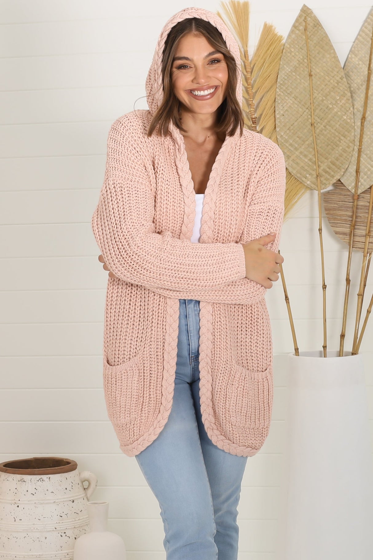 Chase Cardigan - Cable Knit Hooded Cardigan in Pink